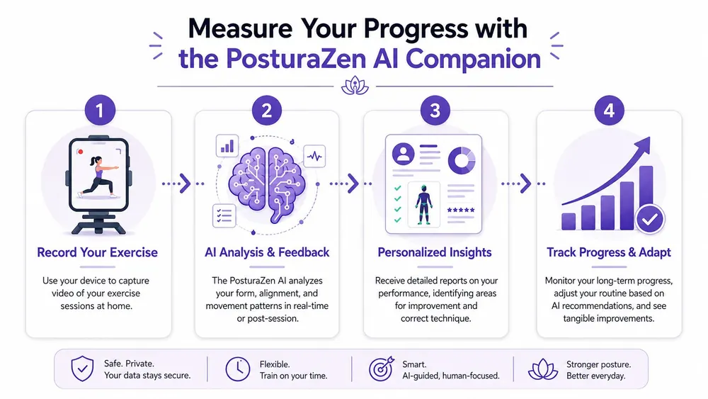 A four-step infographic illustrating the PosturaZen AI companion process for measuring progress during posture stability exercises at home.