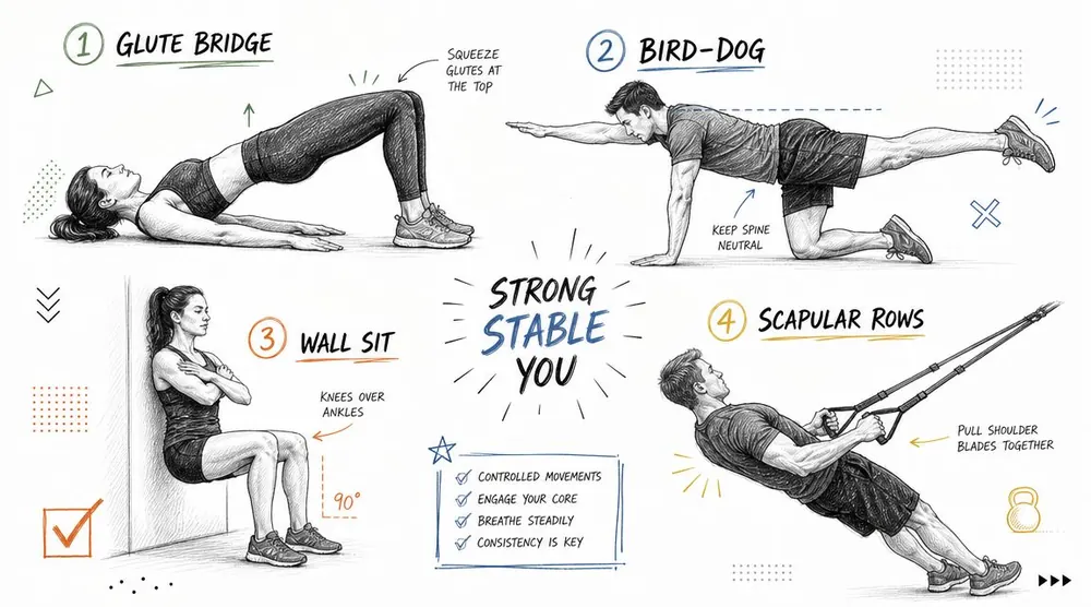 A hand-drawn illustration showing four different bodyweight exercises for improving posture and stability.