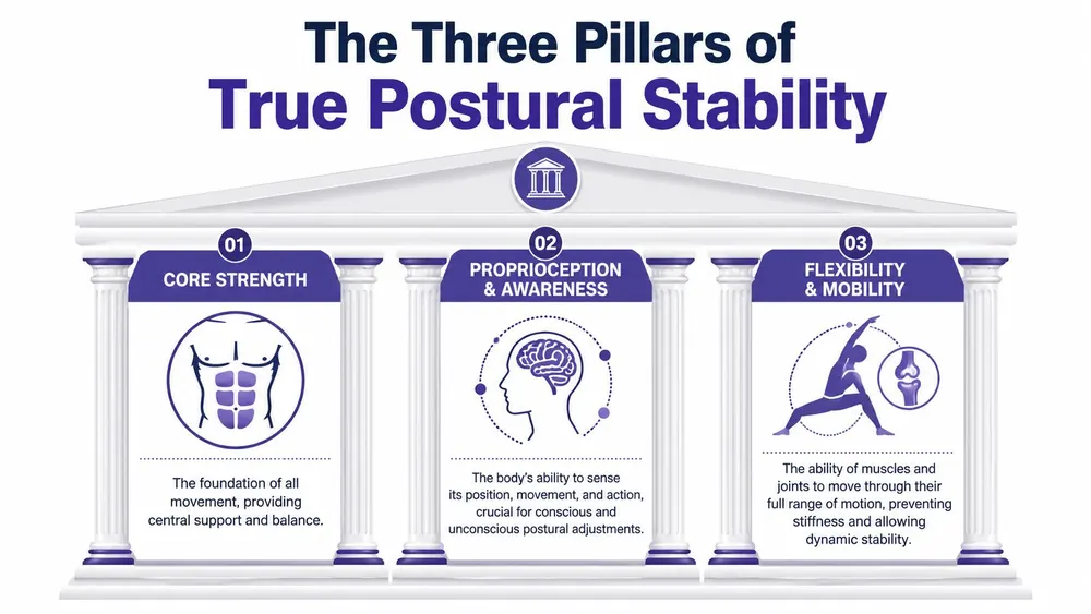 An infographic titled The Three Pillars of Postural Stability featuring core strength, proprioception, and flexibility.