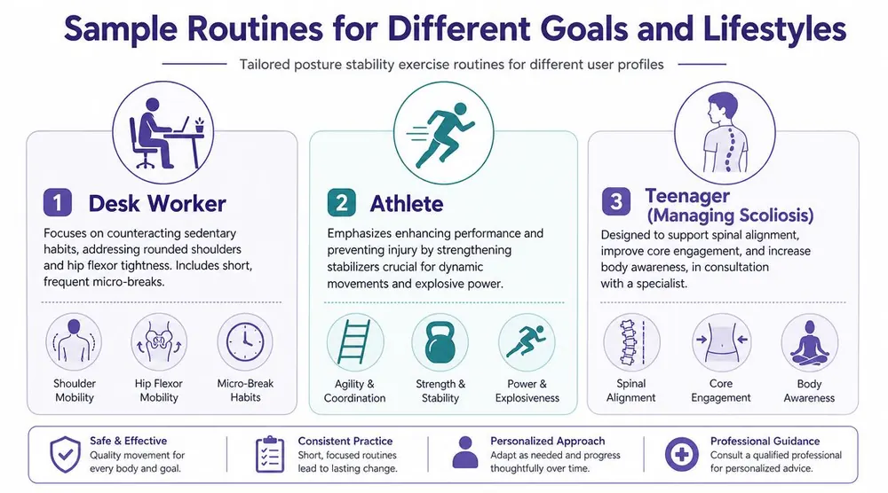 An infographic showing customized posture stability exercise routines for desk workers, athletes, and teenagers with scoliosis.
