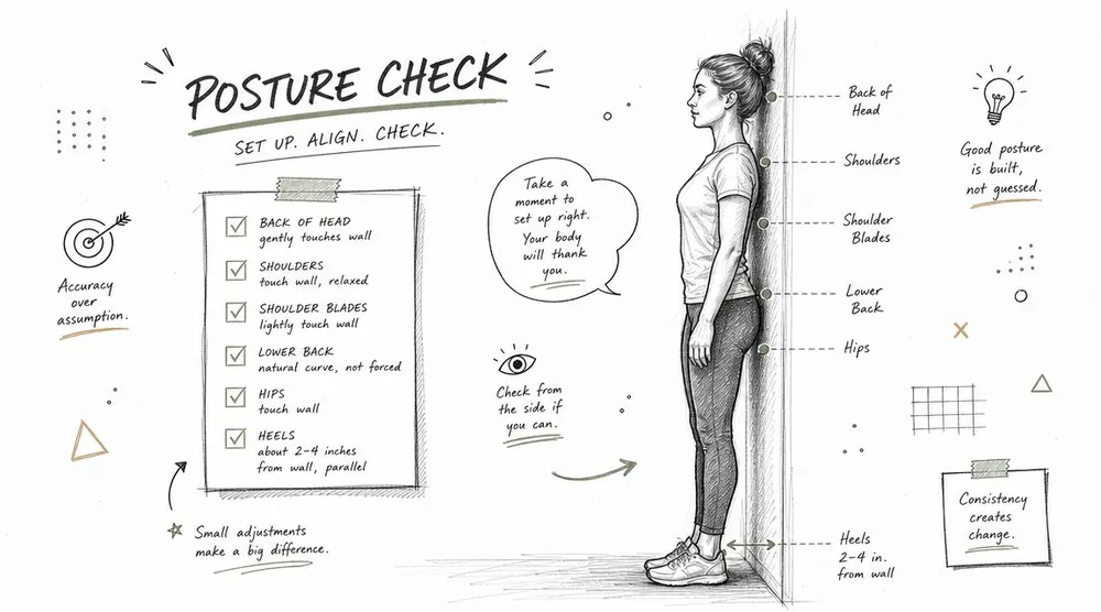 A diagram illustrating the correct standing posture against a wall for a simple home posture test.