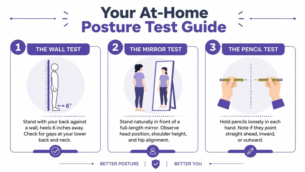 An instructional graphic illustrating three simple at-home tests for evaluating body posture using a wall, mirror, and pencils.
