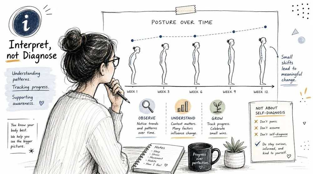 A woman sketching a diagram of posture improvement over twelve weeks to track physical progress and awareness.