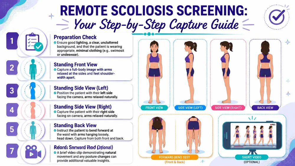 A step-by-step infographic guide illustrating the proper body positions for a remote scoliosis screening exam.