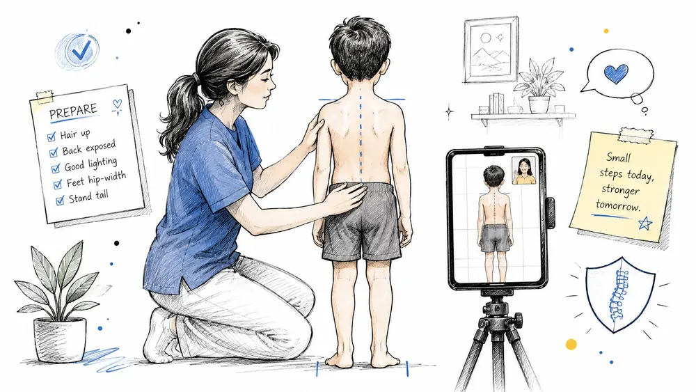 A physical therapist conducting a remote scoliosis screening for a child while observing via a tablet screen.