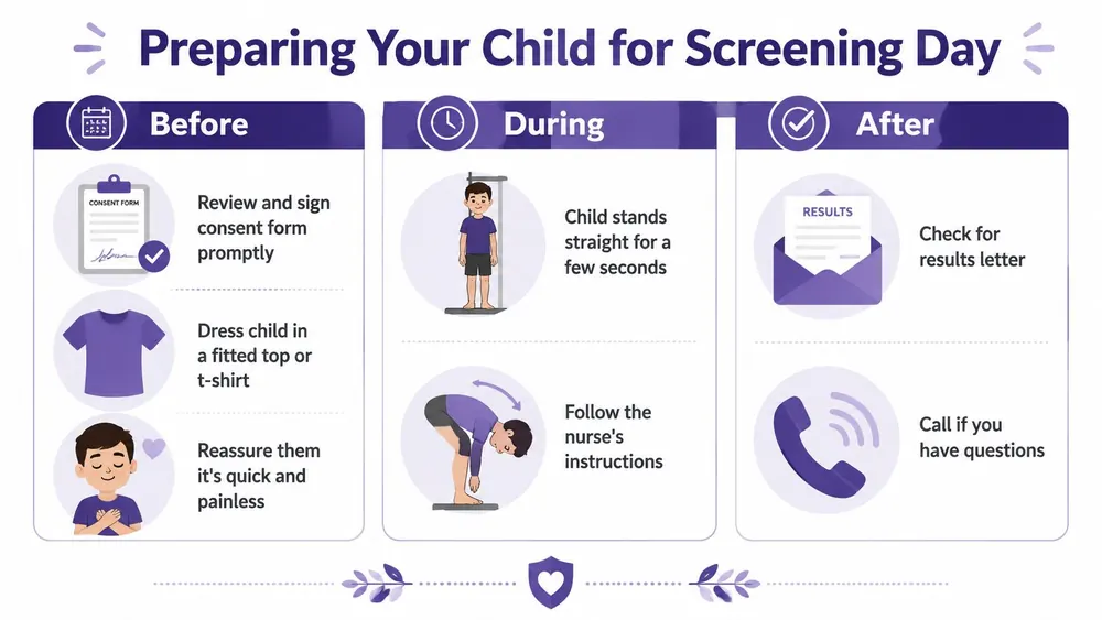 An infographic titled Preparing Your Child for Screening Day showing steps to take before, during, and after.