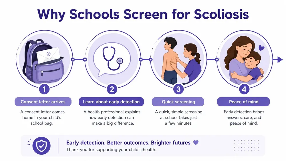 A flowchart infographic titled Why Schools Screen for Scoliosis illustrating four steps from consent to screening.