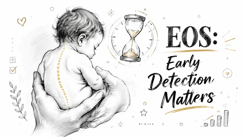An artistic sketch of a baby held in hands with an hourglass highlighting the importance of early scoliosis detection.