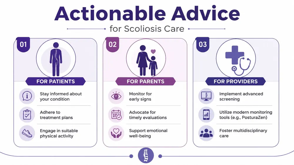 An infographic titled Actionable Advice for Scoliosis Care, detailing tips for patients, parents, and healthcare providers.