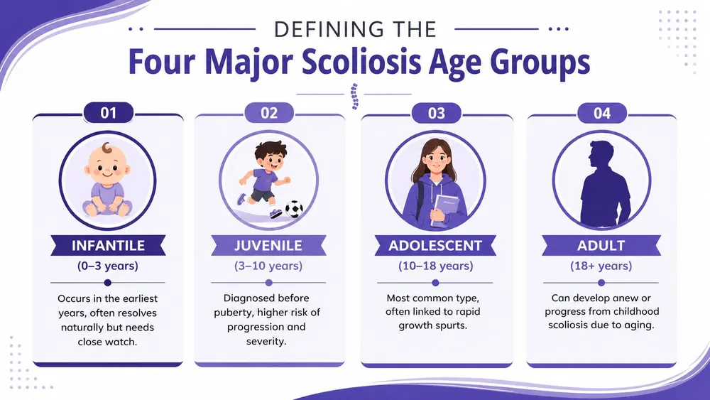 An infographic defining the four major scoliosis age groups: infantile, juvenile, adolescent, and adult, with descriptions.