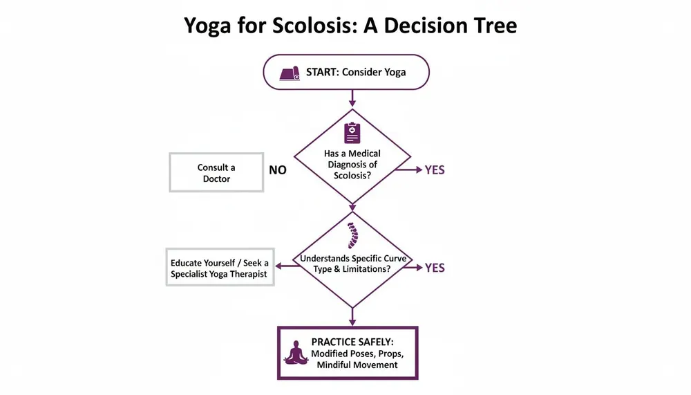 A decision tree illustrating steps for safe yoga practice with scoliosis, including consultation and education.
