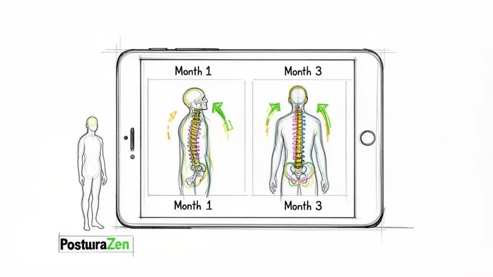 A tablet shows spine posture improvement from Month 1 (side view) to Month 3 (rear view).