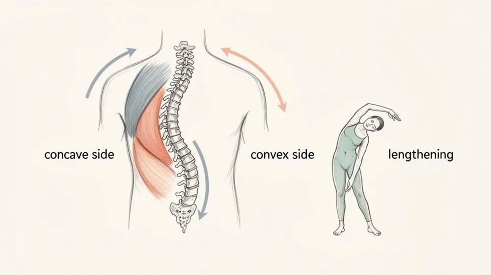 An illustration comparing a scoliotic spine with short and long muscles to a person doing a side bend for lengthening.