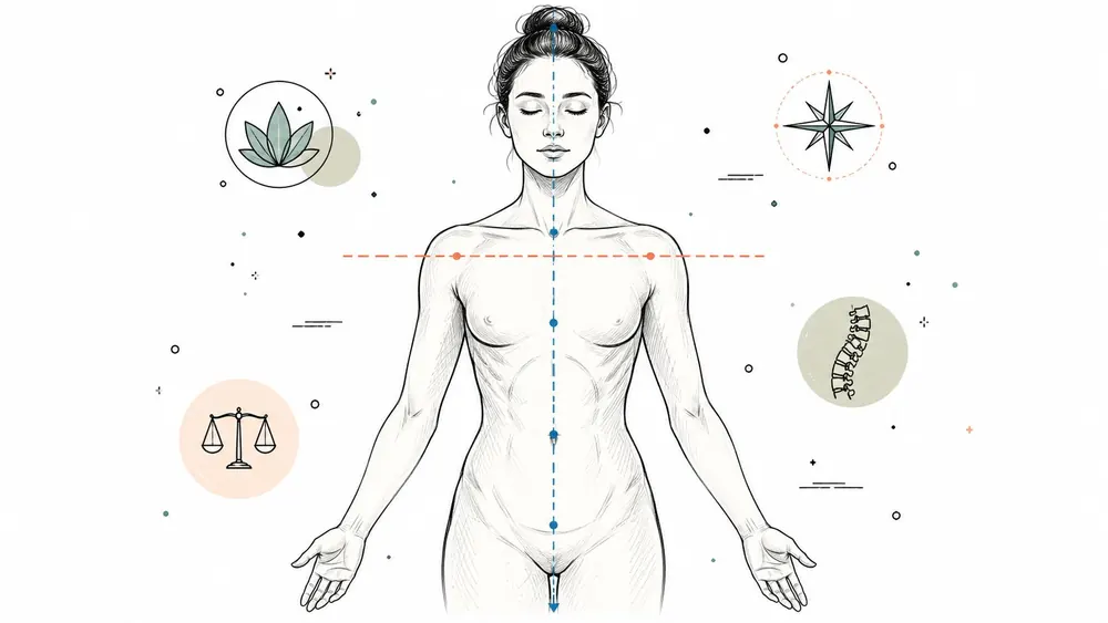 A diagram illustrating body alignment and spinal health, including a woman standing with geometric measurement indicators.