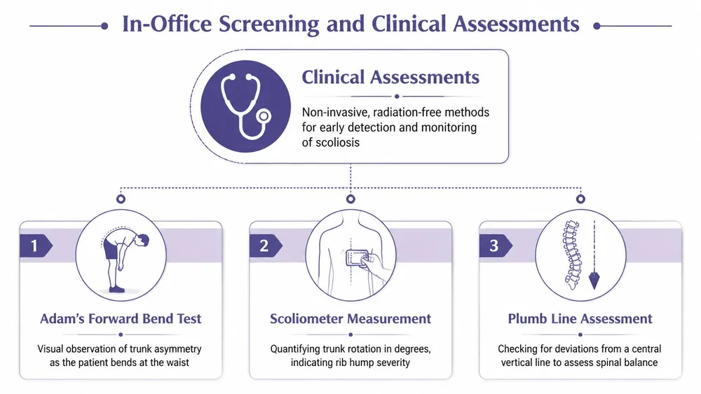 An infographic detailing clinical assessments for scoliosis, including Adam's forward bend test, scoliometer measurement, and plumb line assessment.