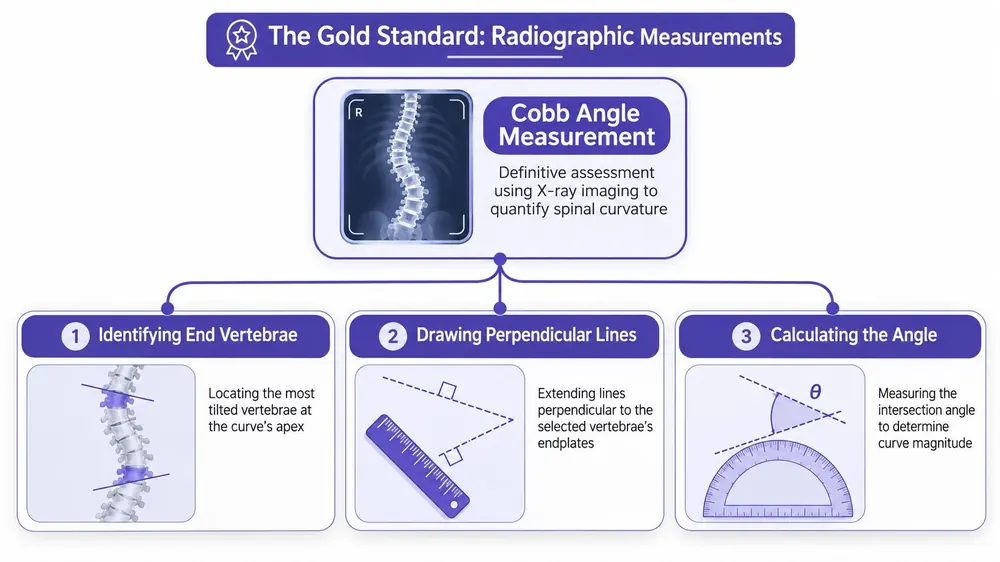 An infographic showing the three steps of Cobb angle measurement for diagnosing spinal scoliosis curvature.