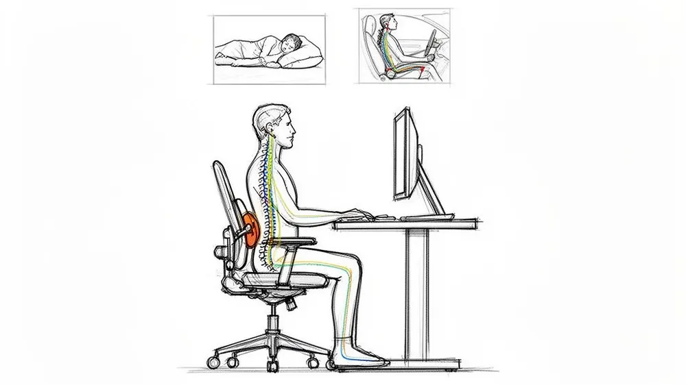 Diagram illustrating correct posture for spine health while sleeping, driving, and sitting at a desk.