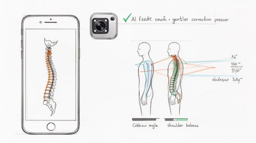 Illustration of AI-powered posture analysis using a smartphone camera, showing spine visualization and body figures demonstrating posture correction with measurements.
