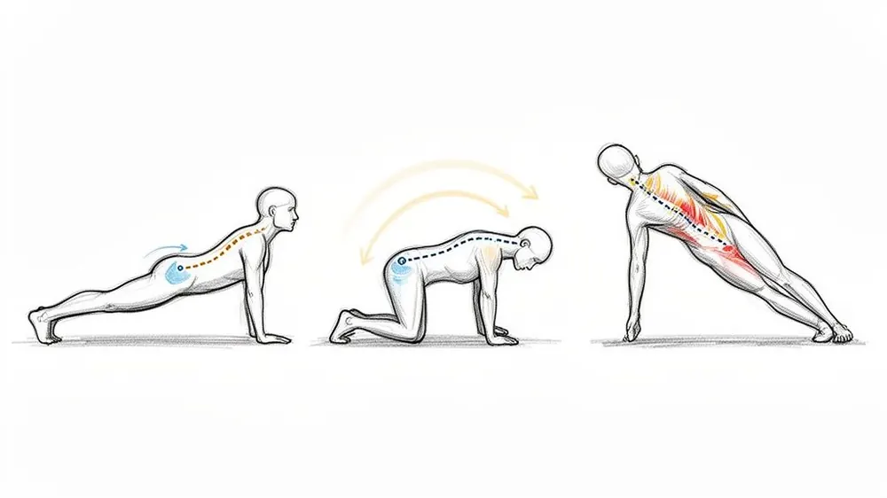 Three exercises demonstrating spinal mobility and core strengthening for back health, including cat-cow and side plank variations.