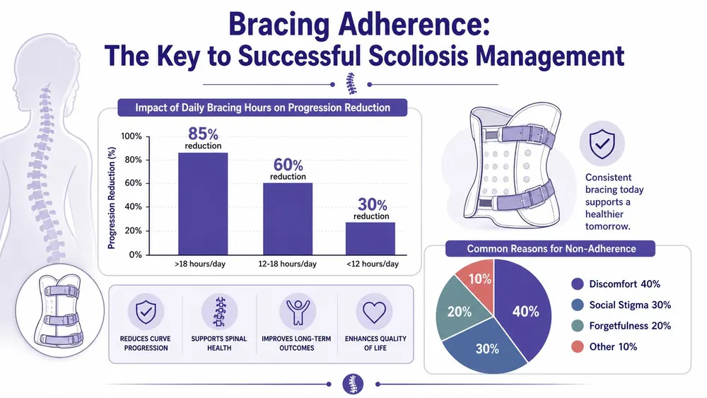 An infographic showing the benefits of scoliosis bracing, including progression reduction statistics and reasons for patient non-adherence.