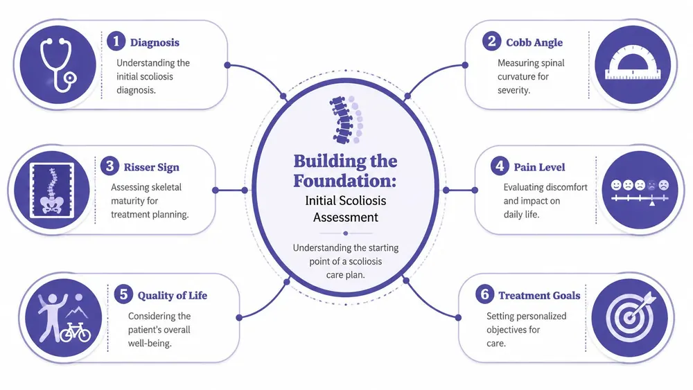 A diagram illustrating the six key steps for the initial scoliosis assessment and care planning process.
