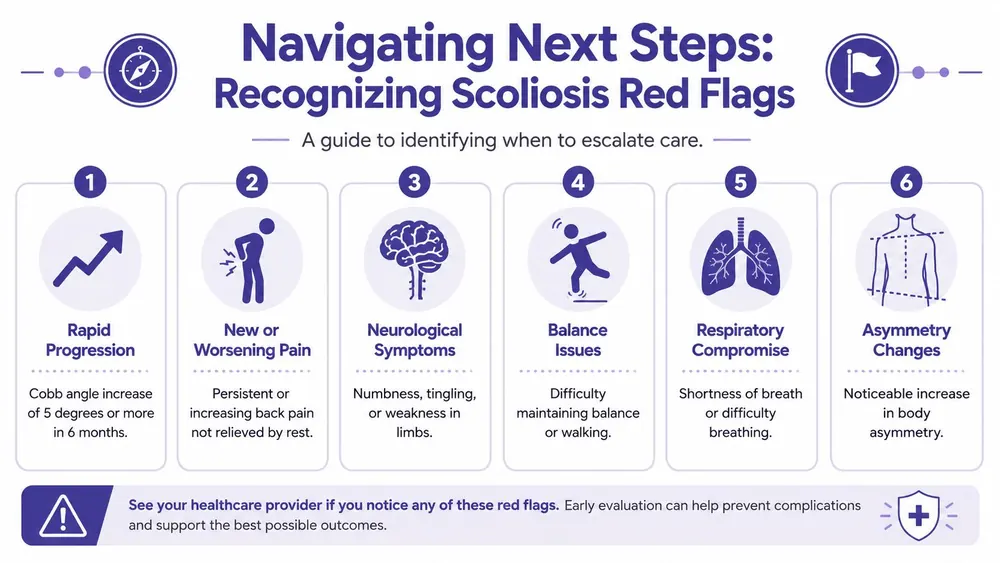 An infographic detailing six red flag warning signs for scoliosis that indicate a need for medical intervention.