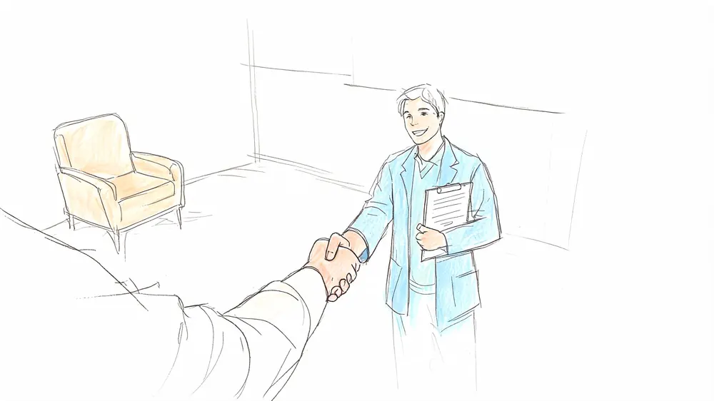 A friendly doctor in a blue blazer shaking hands with a patient in a medical office.