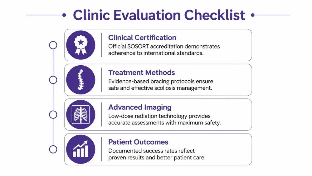 A clinic evaluation checklist infographic highlighting criteria for assessing scoliosis treatment centers, including certification and outcomes.