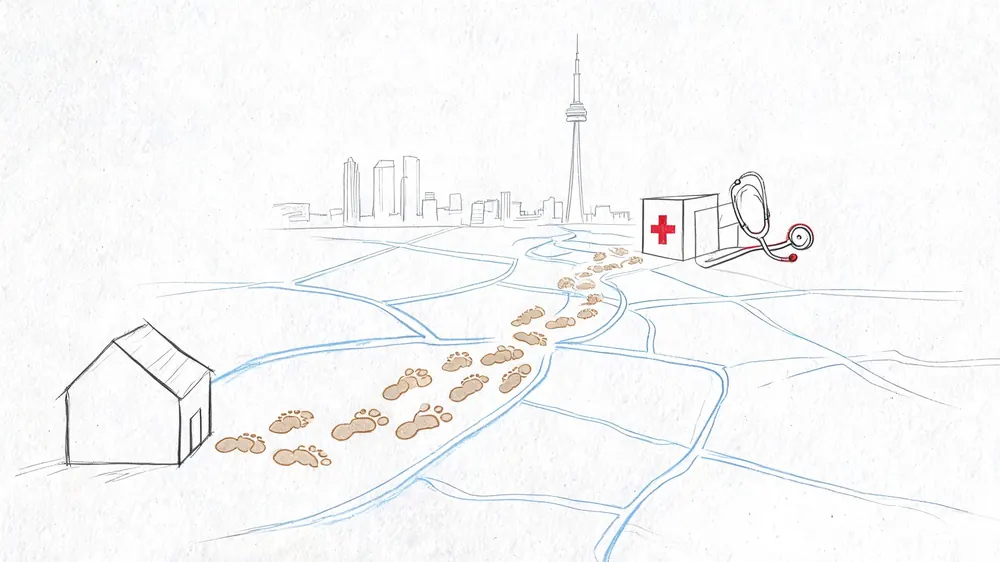 A conceptual sketch showing footprints leading from a house toward a medical facility in Toronto.