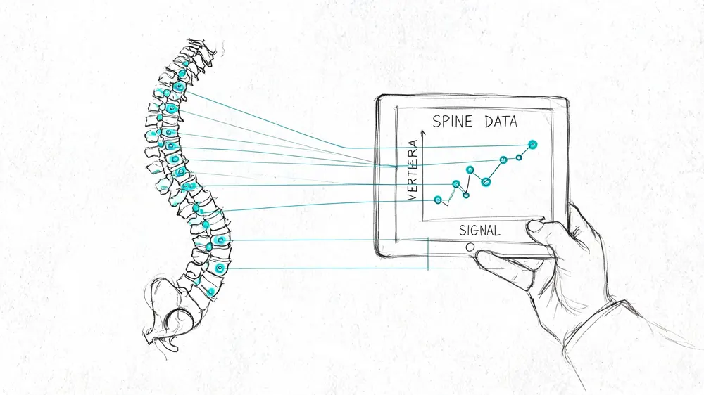 A hand holding a digital tablet displaying spinal analysis data alongside a diagram of a human spine.