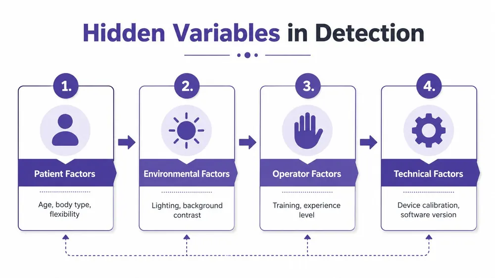A diagram illustrating four categories of hidden variables that impact detection accuracy: patient, environmental, operator, and technical factors.