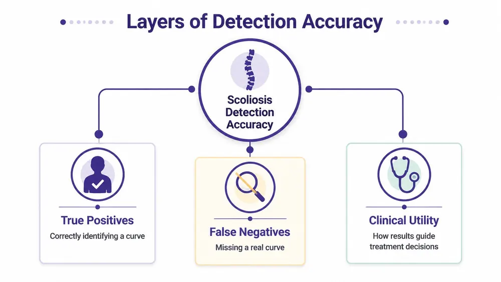 A diagram illustrating the layers of scoliosis detection accuracy, including true positives, false negatives, and clinical utility.