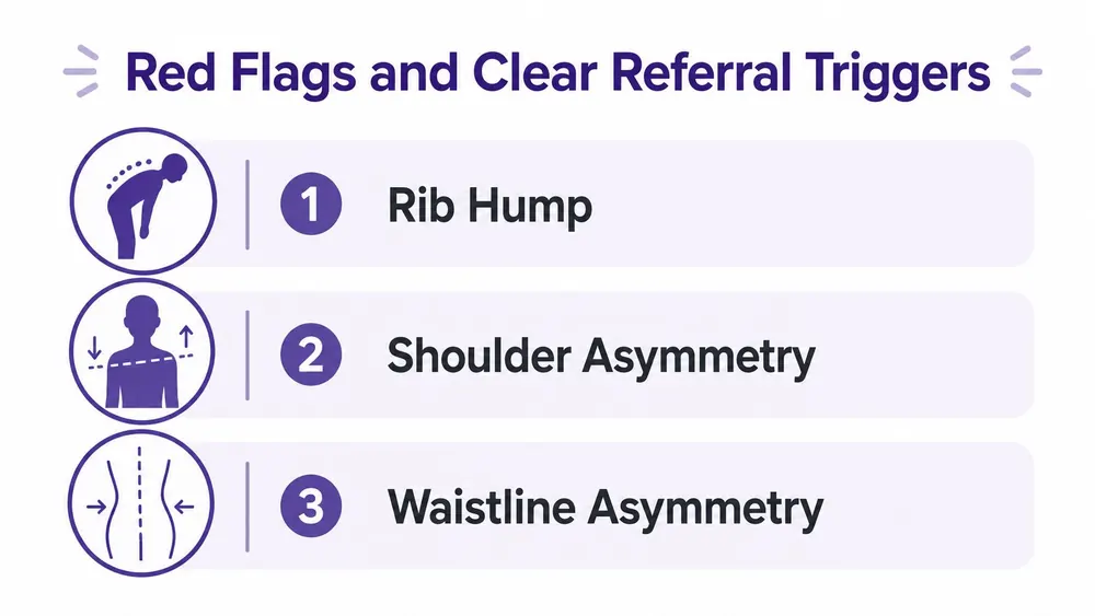 An infographic illustrating three physical signs of scoliosis: rib hump, shoulder asymmetry, and waistline asymmetry for parents.