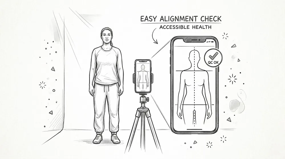 A woman stands before a phone on a tripod used for posture and scoliosis alignment assessment.
