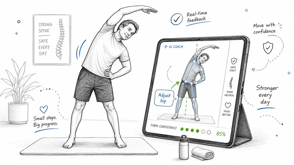A digital sketch of a man performing a lateral stretch with an AI fitness coach on a tablet.