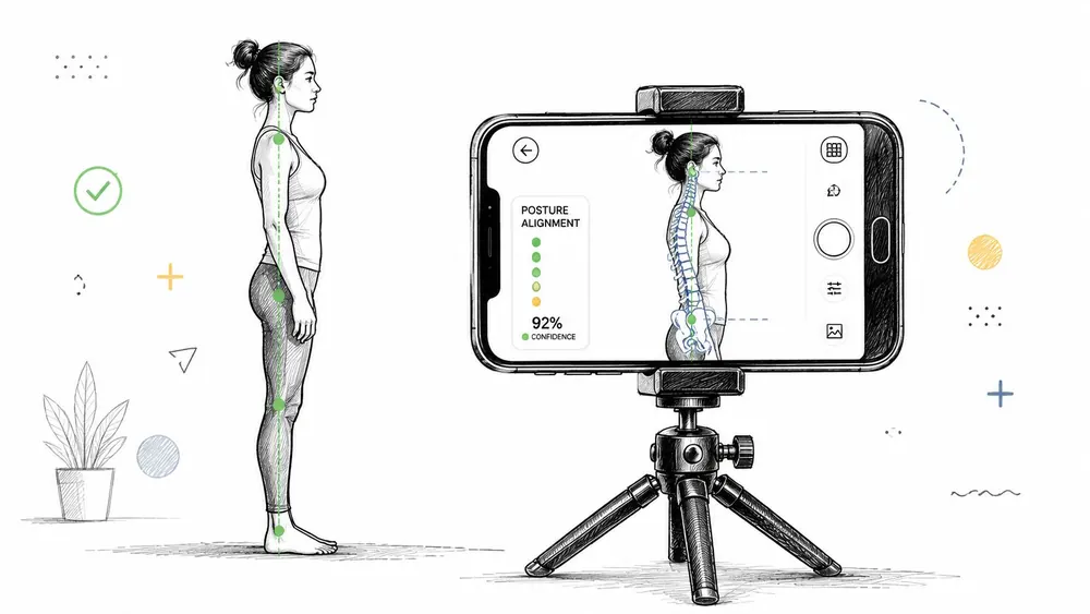 A woman stands with good posture while a smartphone on a tripod analyzes her spinal alignment.