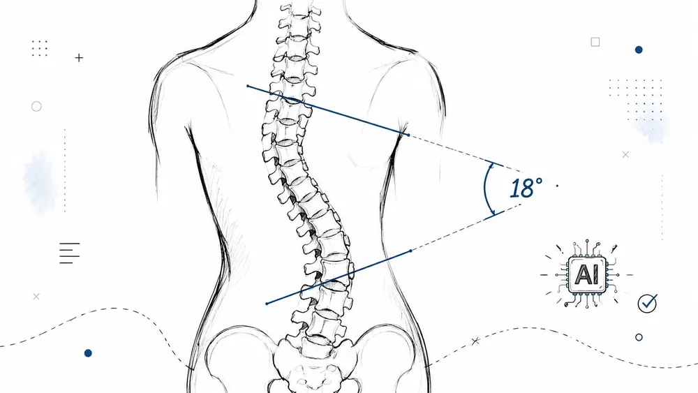 A diagram illustrating the measurement of spinal curvature angle for scoliosis detection using artificial intelligence technology.
