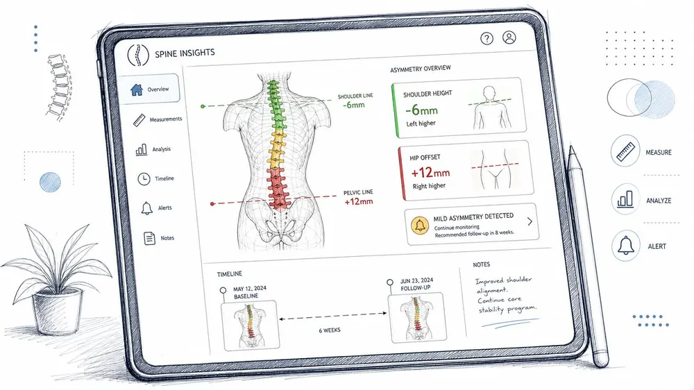 A digital tablet displaying scoliosis spine health monitoring metrics including shoulder and hip asymmetry insights.