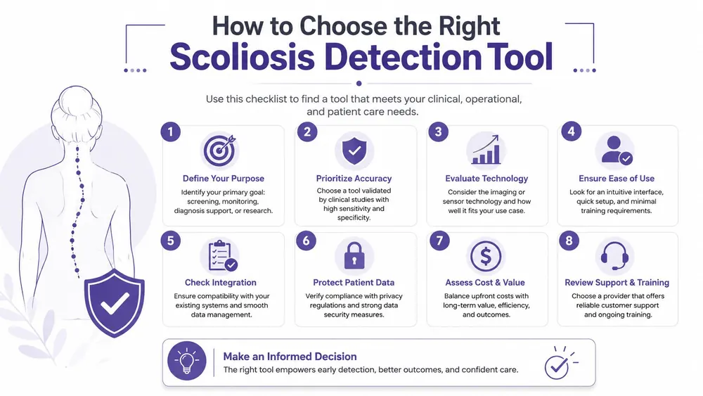 An infographic checklist guiding healthcare professionals on how to select the right scoliosis detection technology for clinical use.