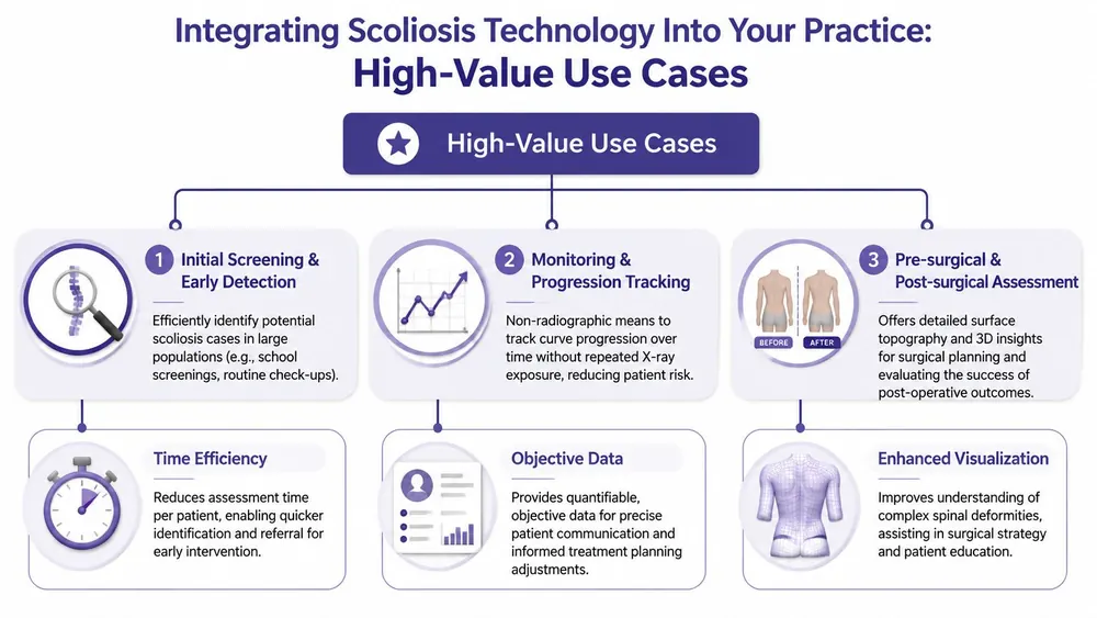 An infographic showing three main high-value use cases for integrating scoliosis technology into a medical practice.
