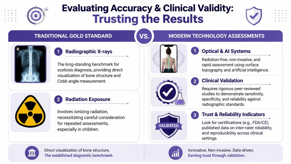 A comparison infographic between traditional X-ray scoliosis diagnosis and modern AI-driven non-invasive spinal assessment technologies.