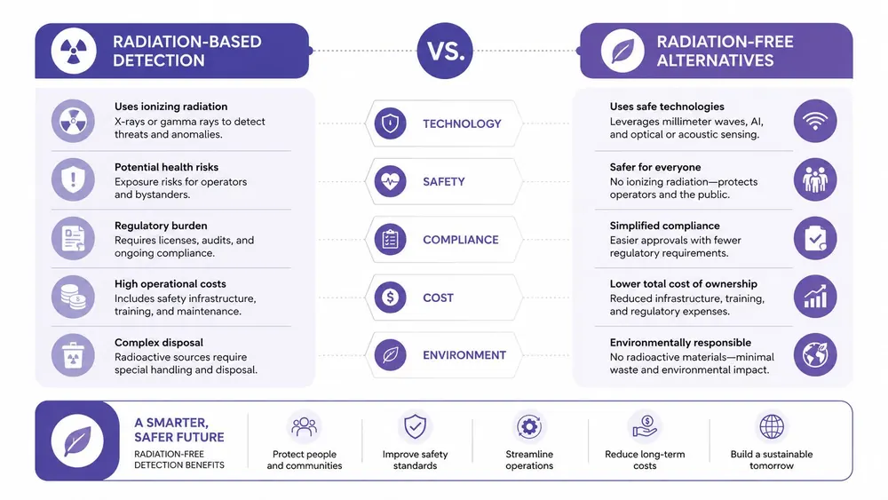 A comparison infographic between radiation-based detection and safer, radiation-free technological alternatives for security and inspection applications.
