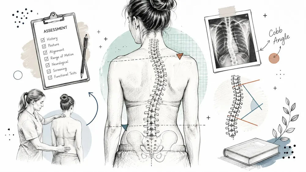A detailed medical illustration showing the clinical assessment and diagnostic process for a patient with scoliosis.