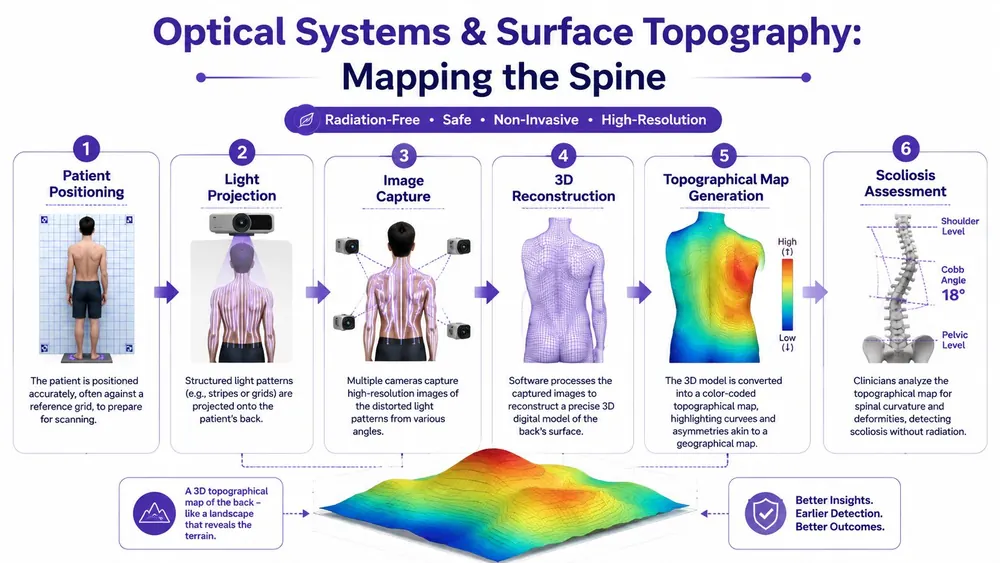 A six-step infographic illustrating optical system technology used for radiation-free scoliosis detection and spinal surface mapping.