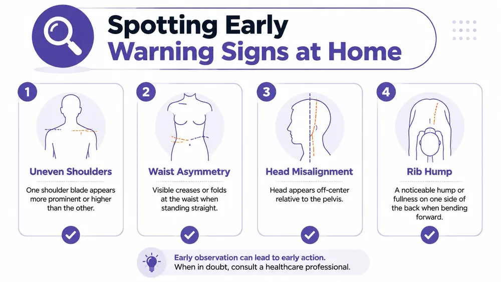 An infographic showing four common early warning signs of scoliosis in teenagers to check at home.