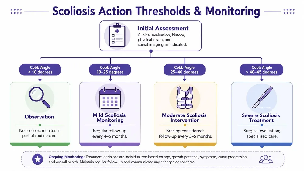 A medical infographic outlining scoliosis action thresholds, monitoring protocols, and treatment interventions based on Cobb angle measurements.