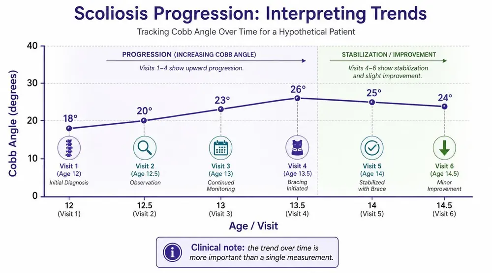 Line graph showing the progression and subsequent stabilization of a patient's scoliosis Cobb angle over time.