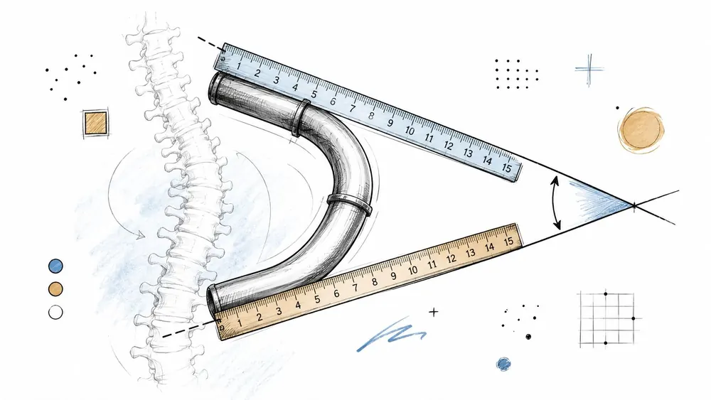 A medical illustration showing a human spine being measured by two rulers to calculate spinal curvature.
