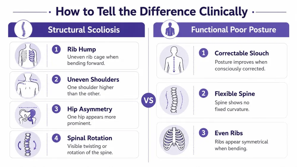 An infographic comparing the clinical signs of structural scoliosis versus functional poor posture in human patients.