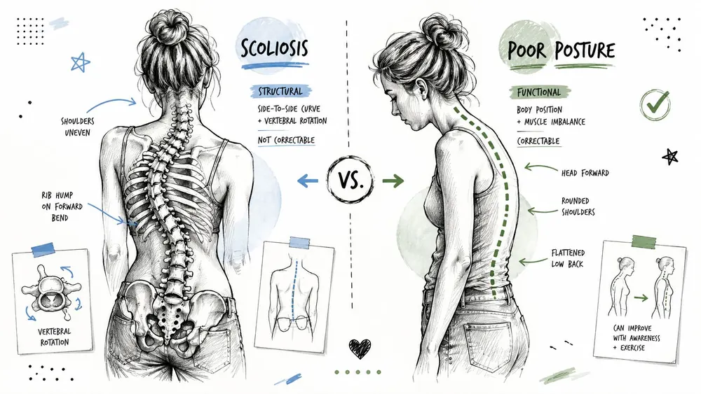 An educational infographic comparing scoliosis, a structural spinal condition, with poor posture caused by muscle imbalances.